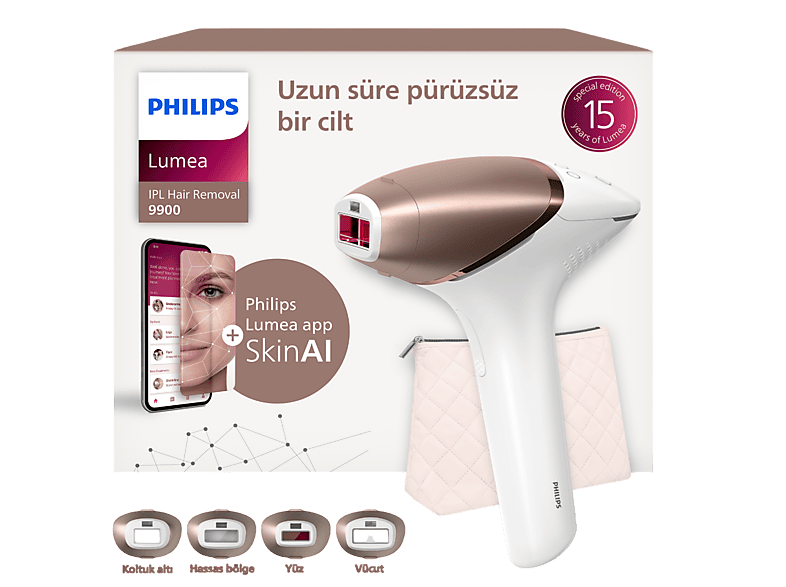 Philips Lumea 9900 Serisi Bri951/03 IPL Tüy Alma, SkinAI, Vücut, Yüz, Koltuk altı, Bikini, 4 Başlık, Çanta