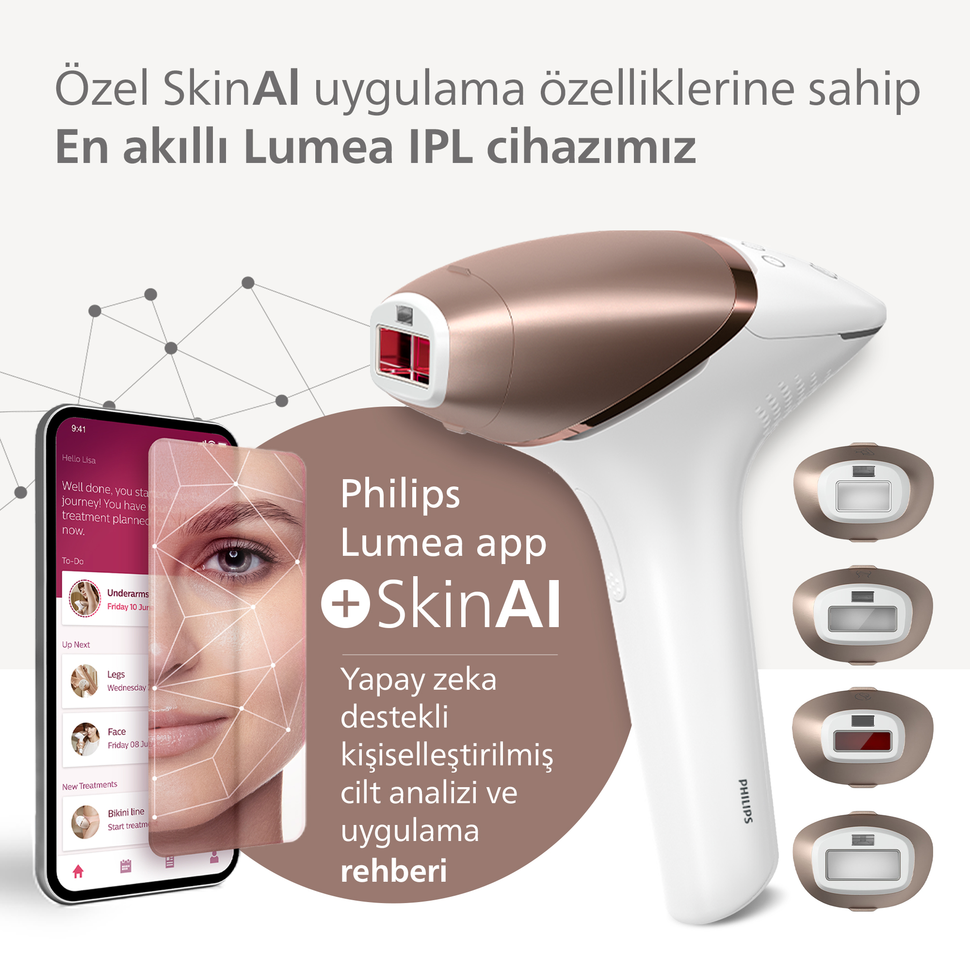 Cilt analizi gösteren bir uygulama ile beyaz ve rose gold IPL cihazı.