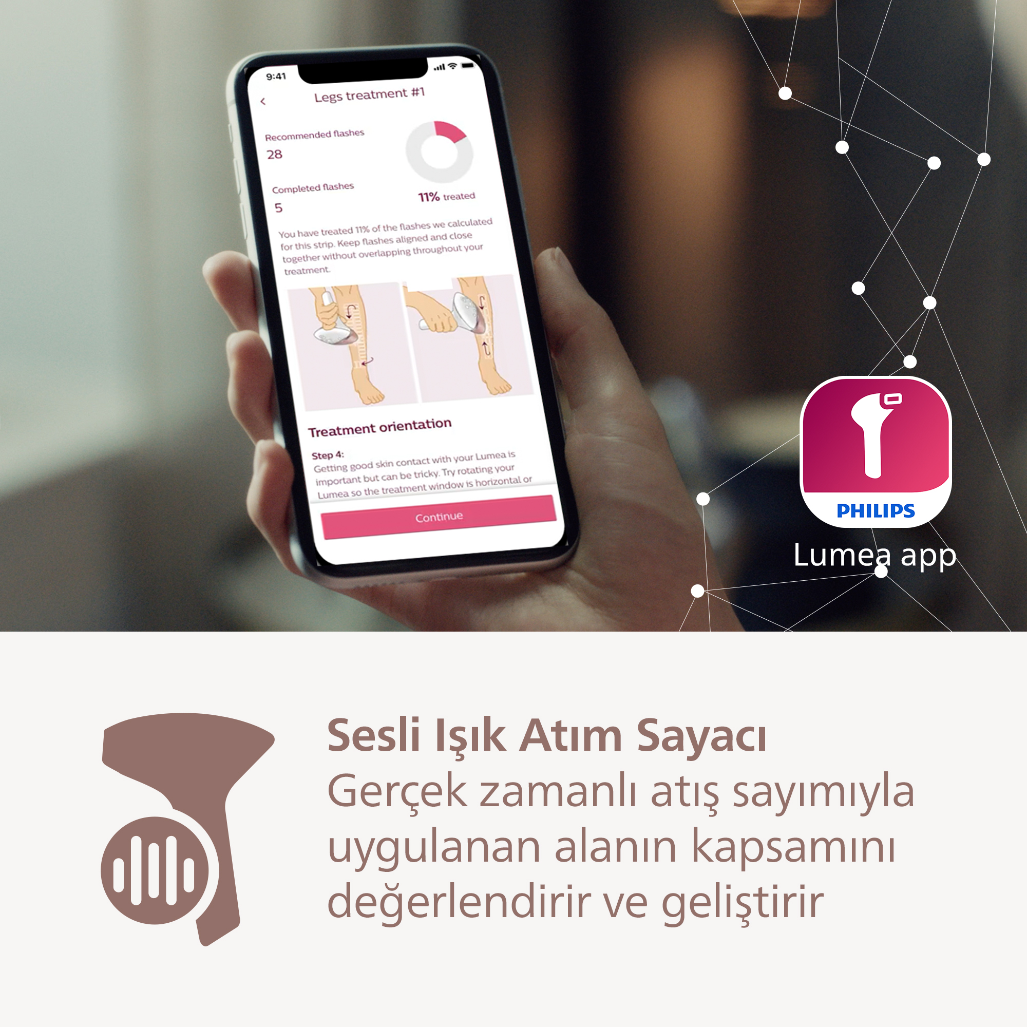Bir el, bacak tedavisi ilerlemesini gösteren Lumea uygulamasını içeren bir akıllı telefon tutuyor.
