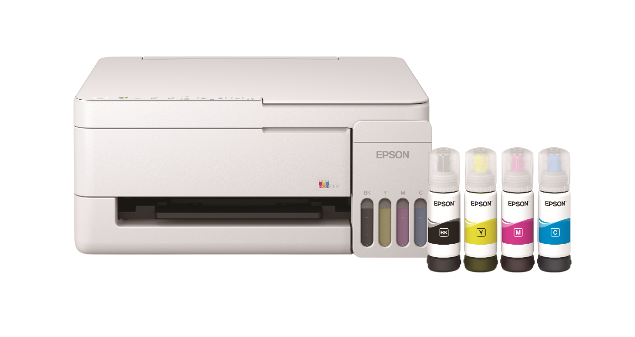 Siyah, sarı, magenta ve camgöbeği mürekkep şişeli beyaz bir Epson yazıcı.
