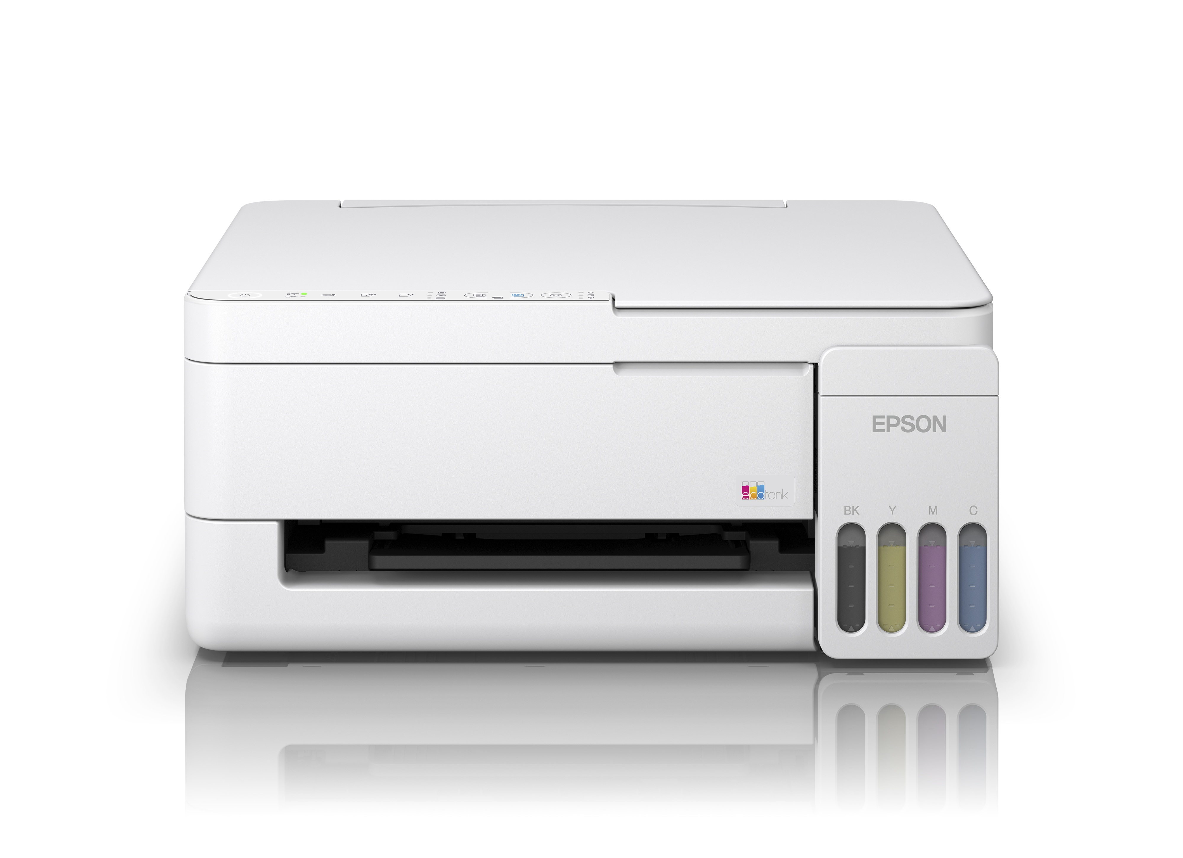 Yan tarafında görünür mürekkep tankları olan beyaz bir Epson EcoTank yazıcı.