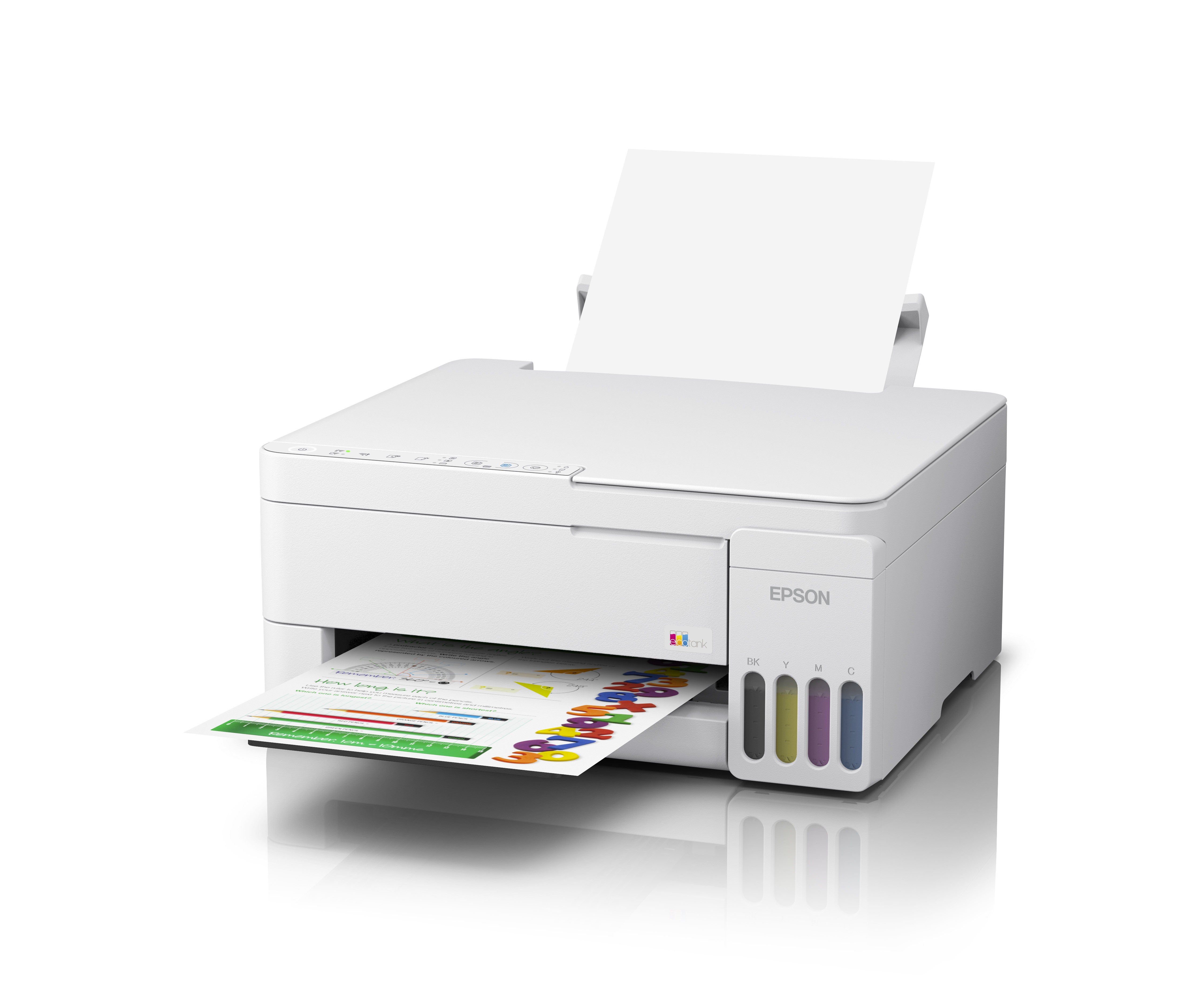 Renkli bir sayfa basan mürekkep tanklı beyaz bir Epson yazıcı.