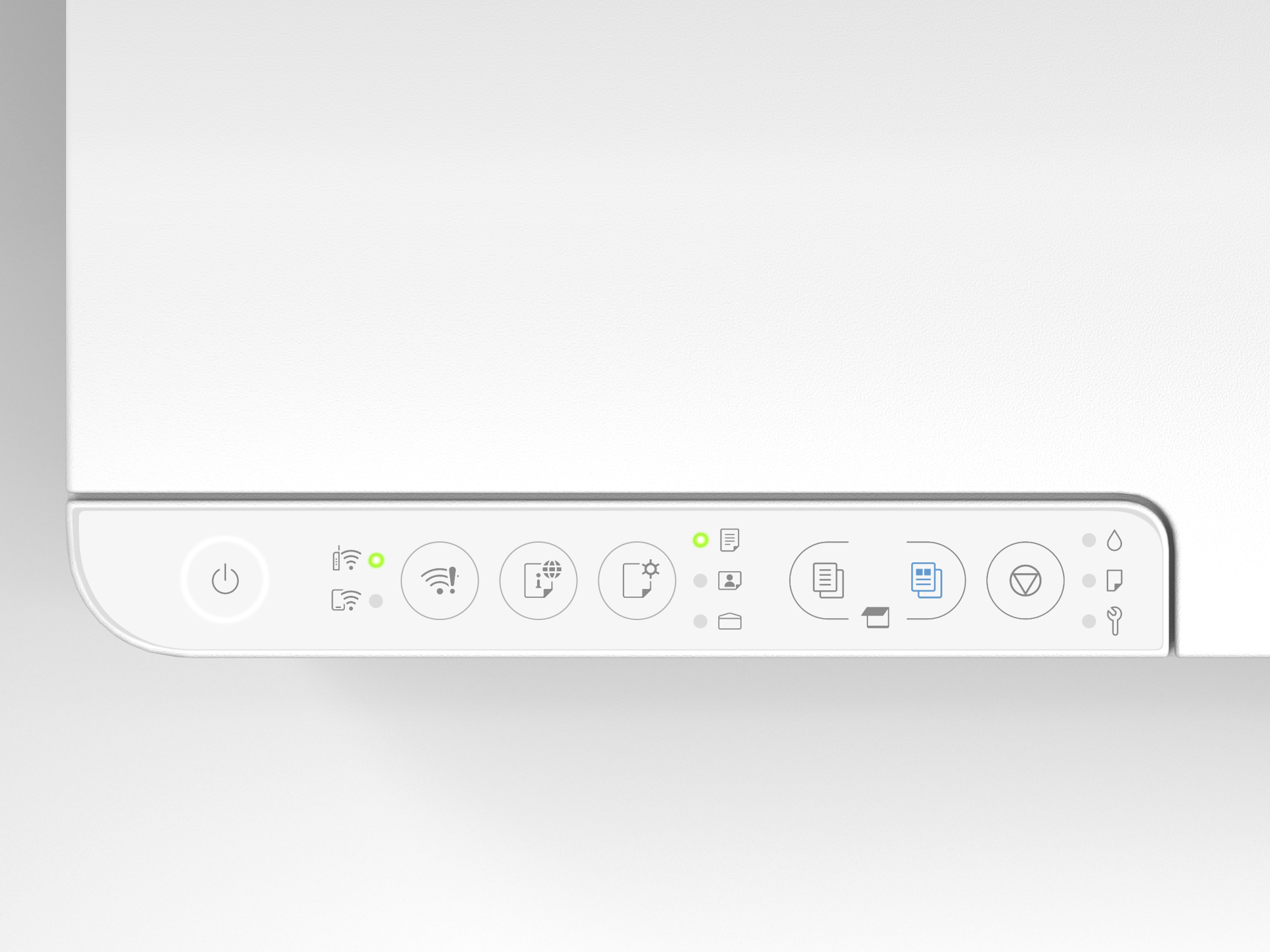 Beyaz kontrol paneli göstergeleri: Güç, Wi-Fi, Hata, İnternet, Kopyala, Tara, Yazdır, Mürekkep, Kağıt, Bakım.