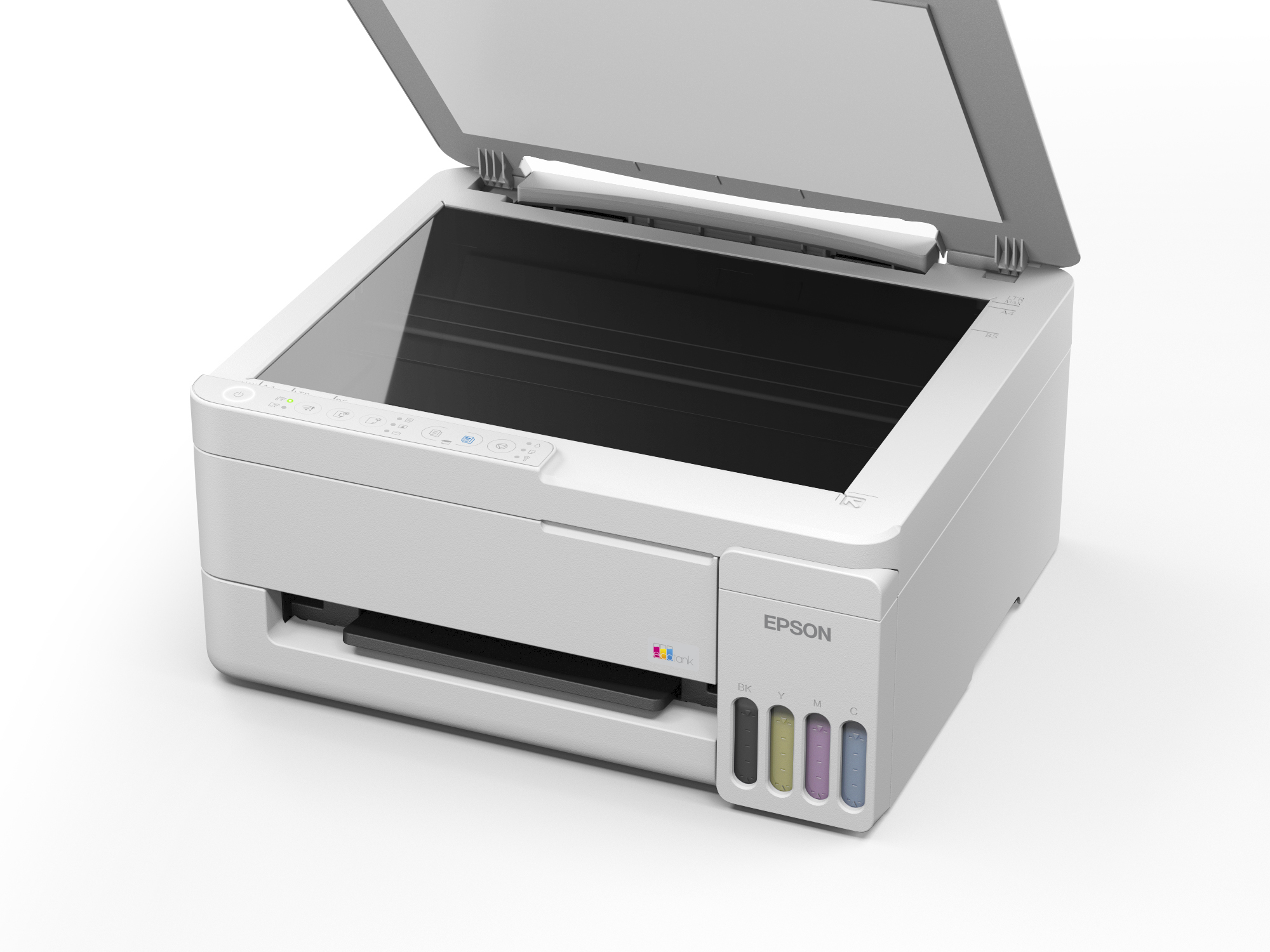 Açık kapaklı beyaz Epson yazıcı, tarayıcı ve mürekkep tankları gösteriyor.