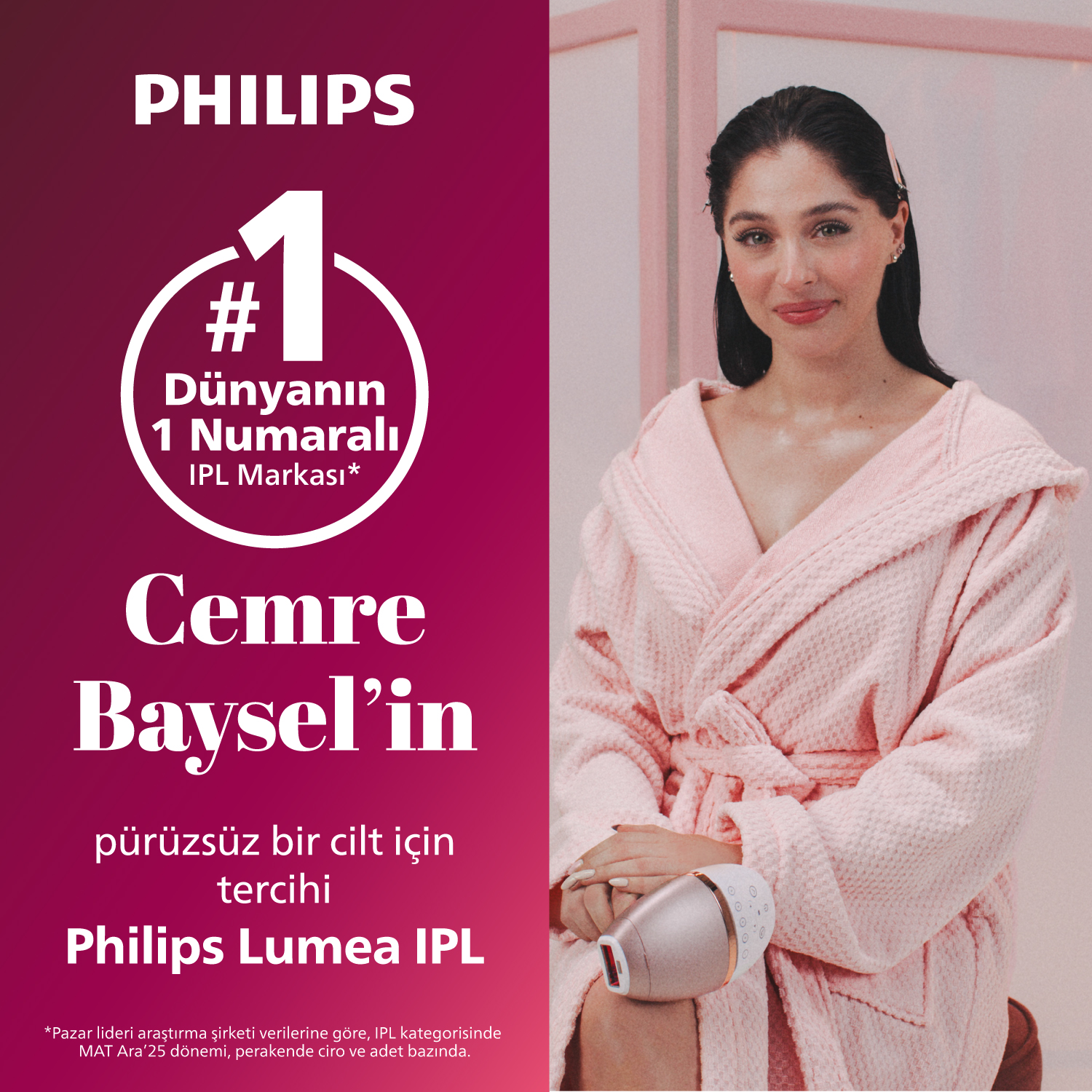 Pembe bornozlu kadın Philips Lumea IPL tutuyor. Philips logosu ve 'Dünyanın 1 Numaralı IPL Markası'.