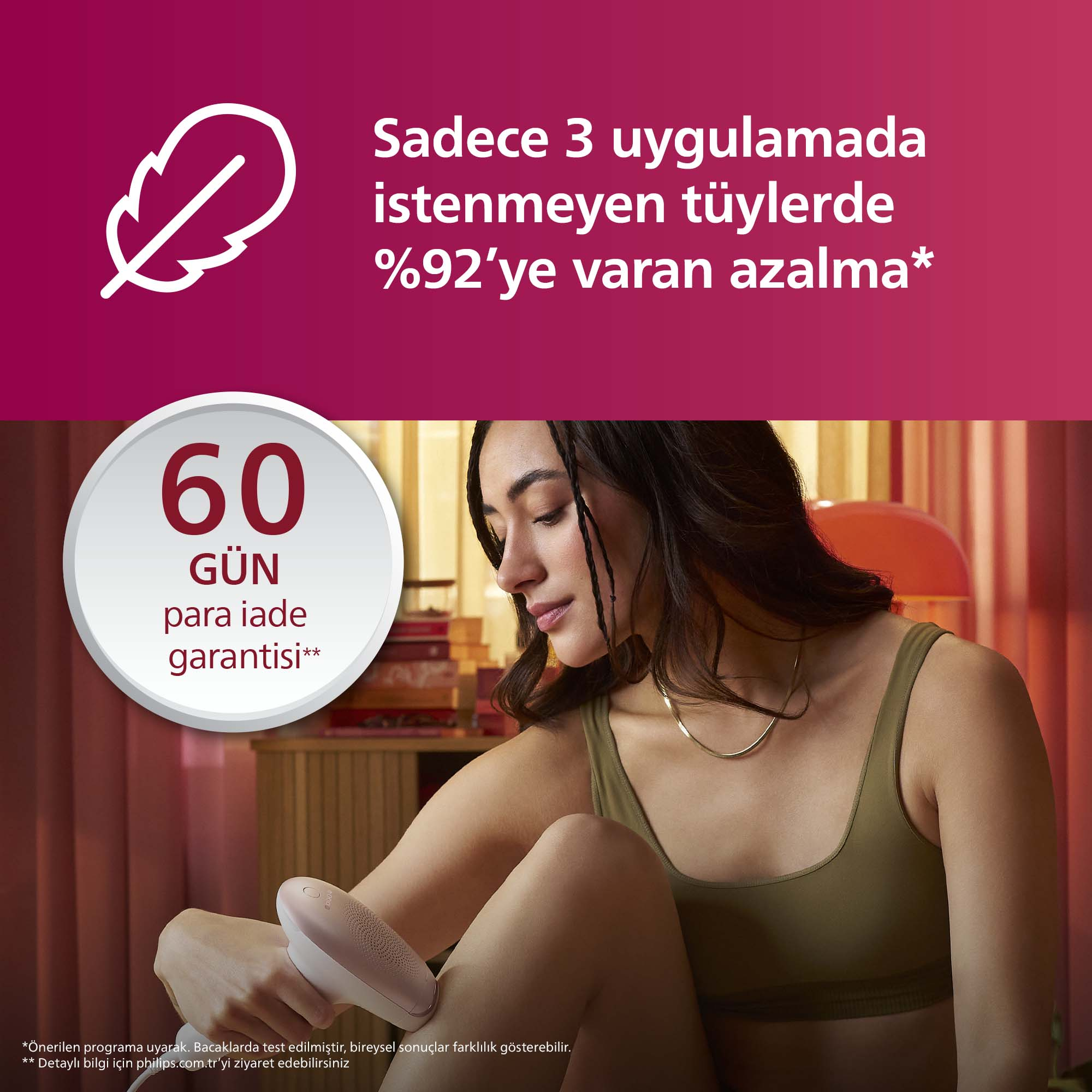 Bir kadın bacağına tüy dökücü cihaz kullanıyor. 60 gün iade garantisi.