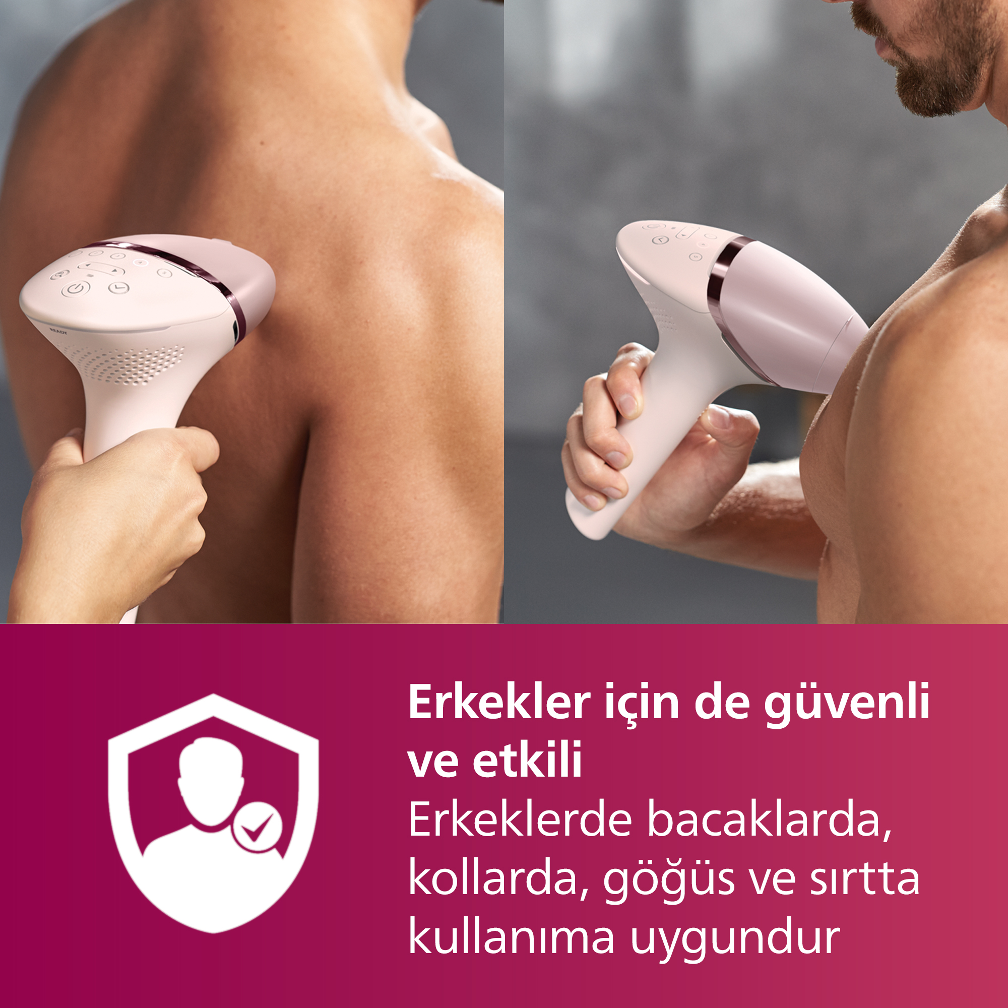 Bir erkek, IPL cihazını cildine uyguluyor.