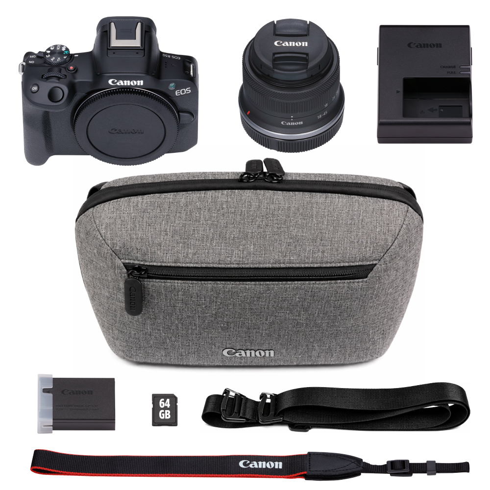 Canon EOS R50 fotoğraf makinesi, lens, şarj cihazı, çanta, pil, SD kart ve askı.