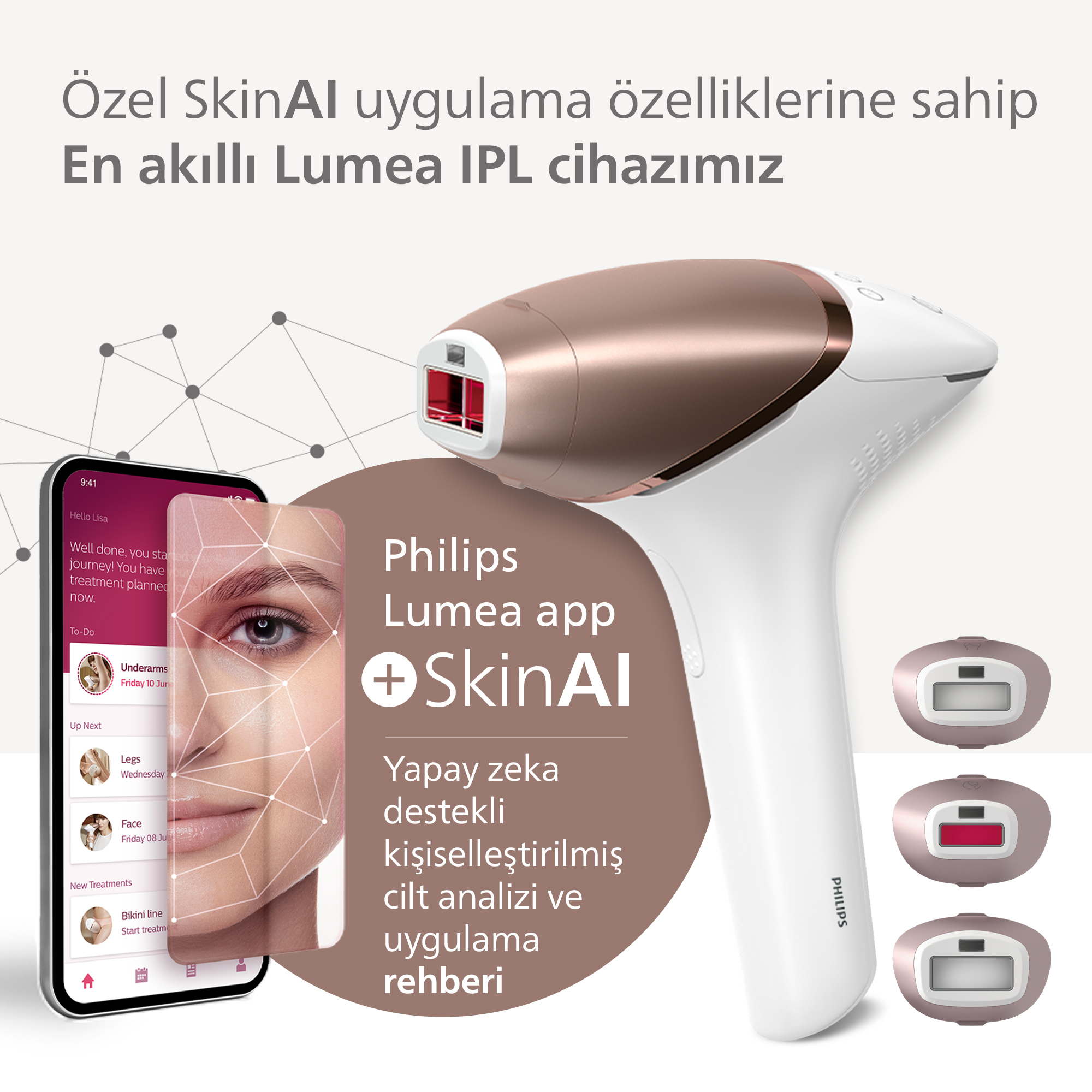 Beyaz ve rose altın rengi IPL cihazı, yanında tedavi planı gösteren uygulama ekranı.