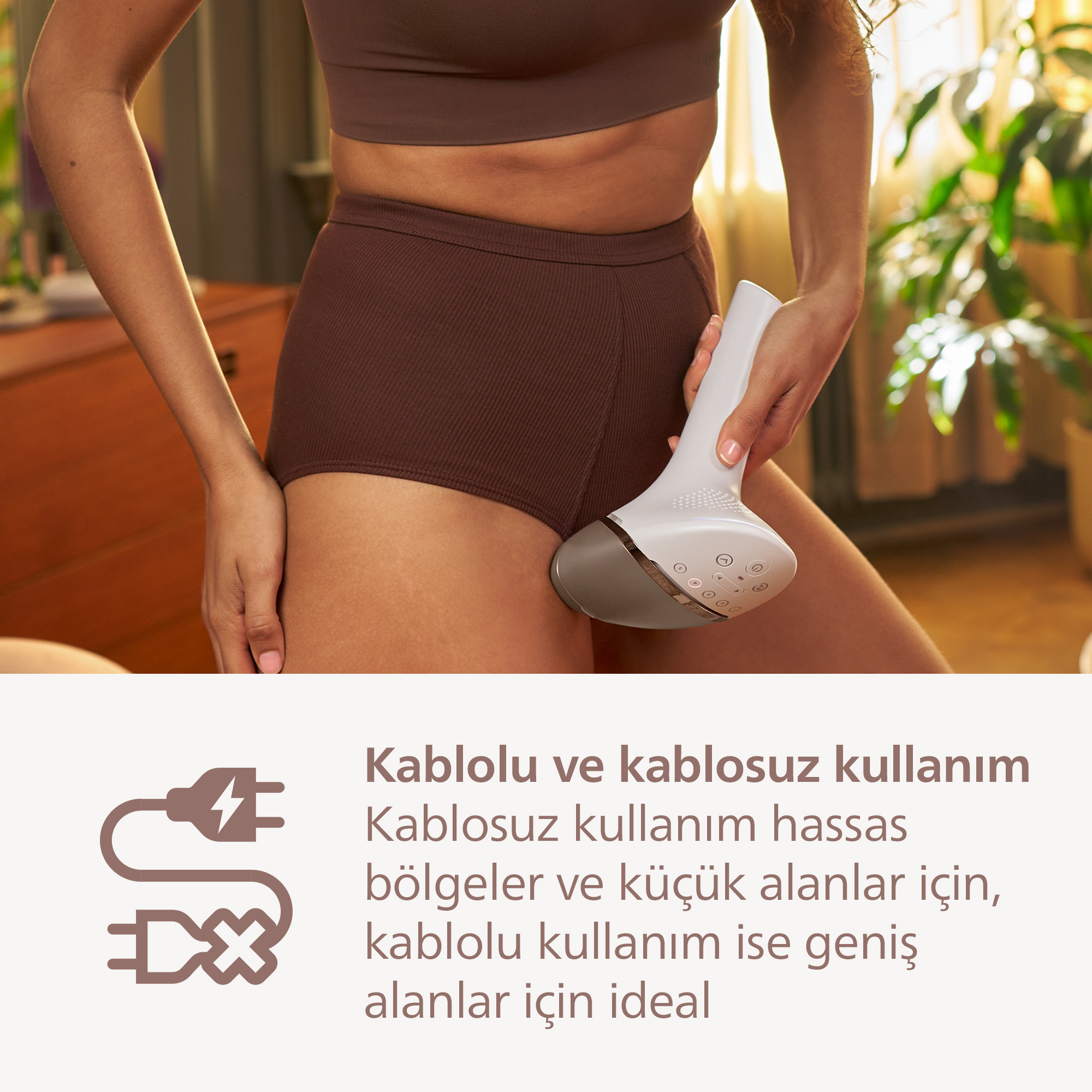 Beyaz epilasyon cihazı tutan kişi. Metin kablolu/kablosuz kullanımdan bahsediyor.