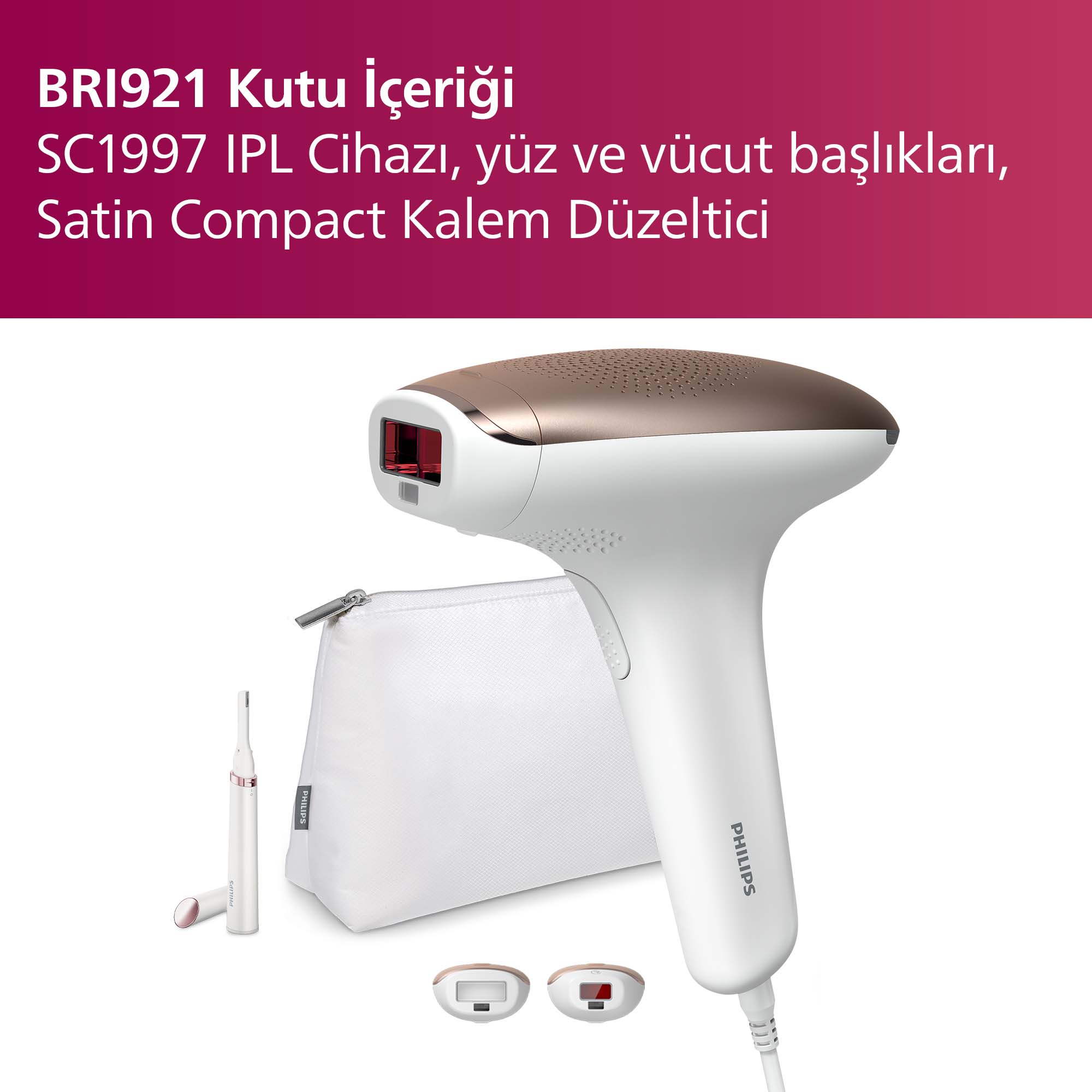 Altın üstlü beyaz IPL epilasyon cihazı, aksesuarlar ve kesesi.