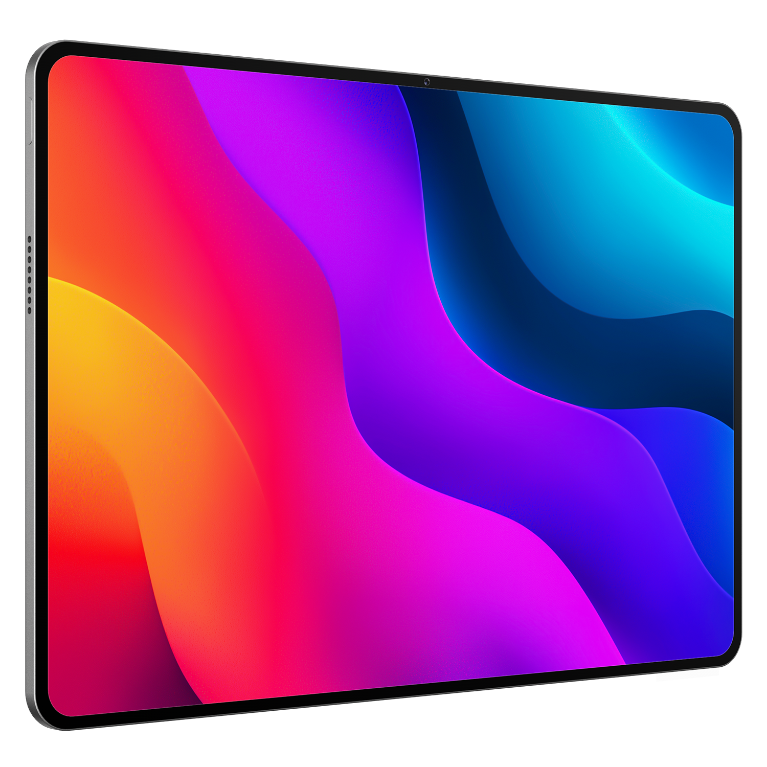 Turuncu, pembe ve mavi tonlarında canlı, dalgalı bir arka plana sahip tablet.