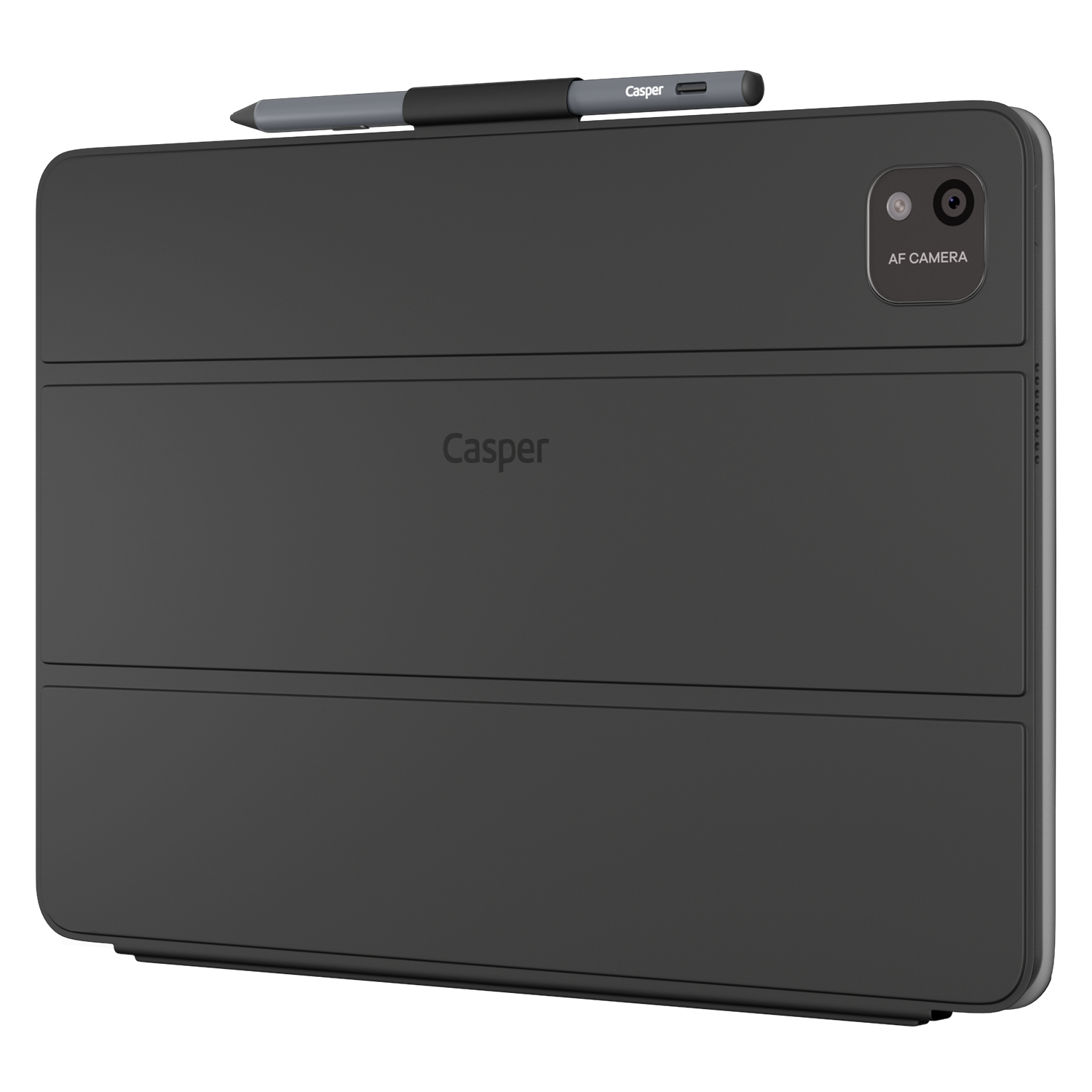 Gri tablet, kılıf ve kalem ile, arka kamera.