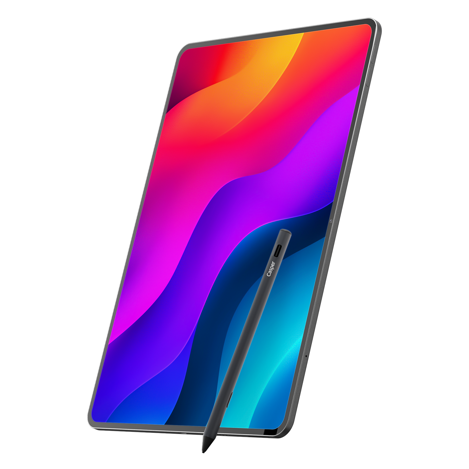 Renkli arka planlı ve kalemli bir tablet.