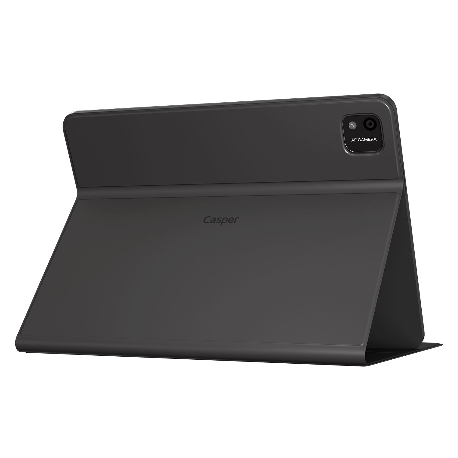 Entegre stantlı ve kameralı gri tablet, siyah arka plan üzerinde.