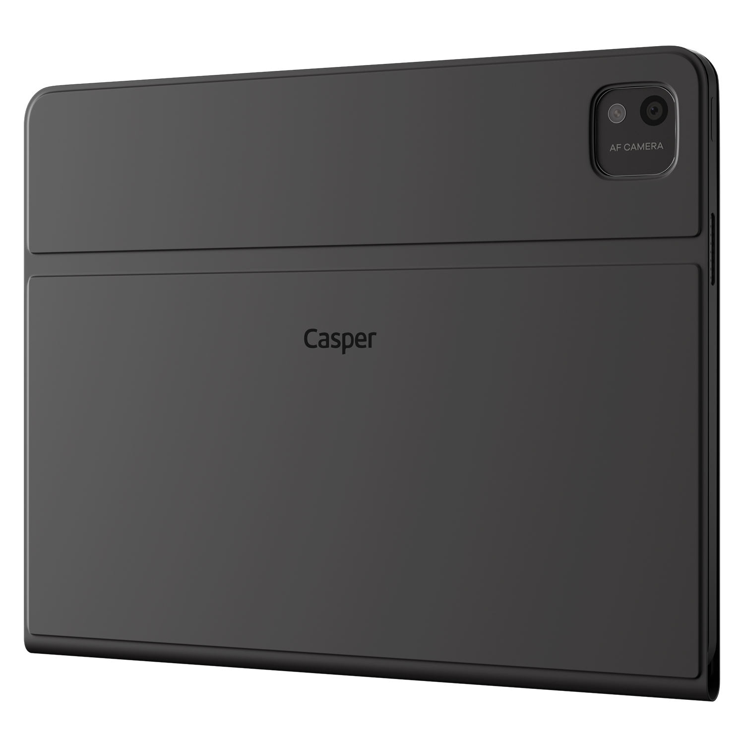 Koyu gri tablet, arkasında kamera ve Casper logosu bulunur.