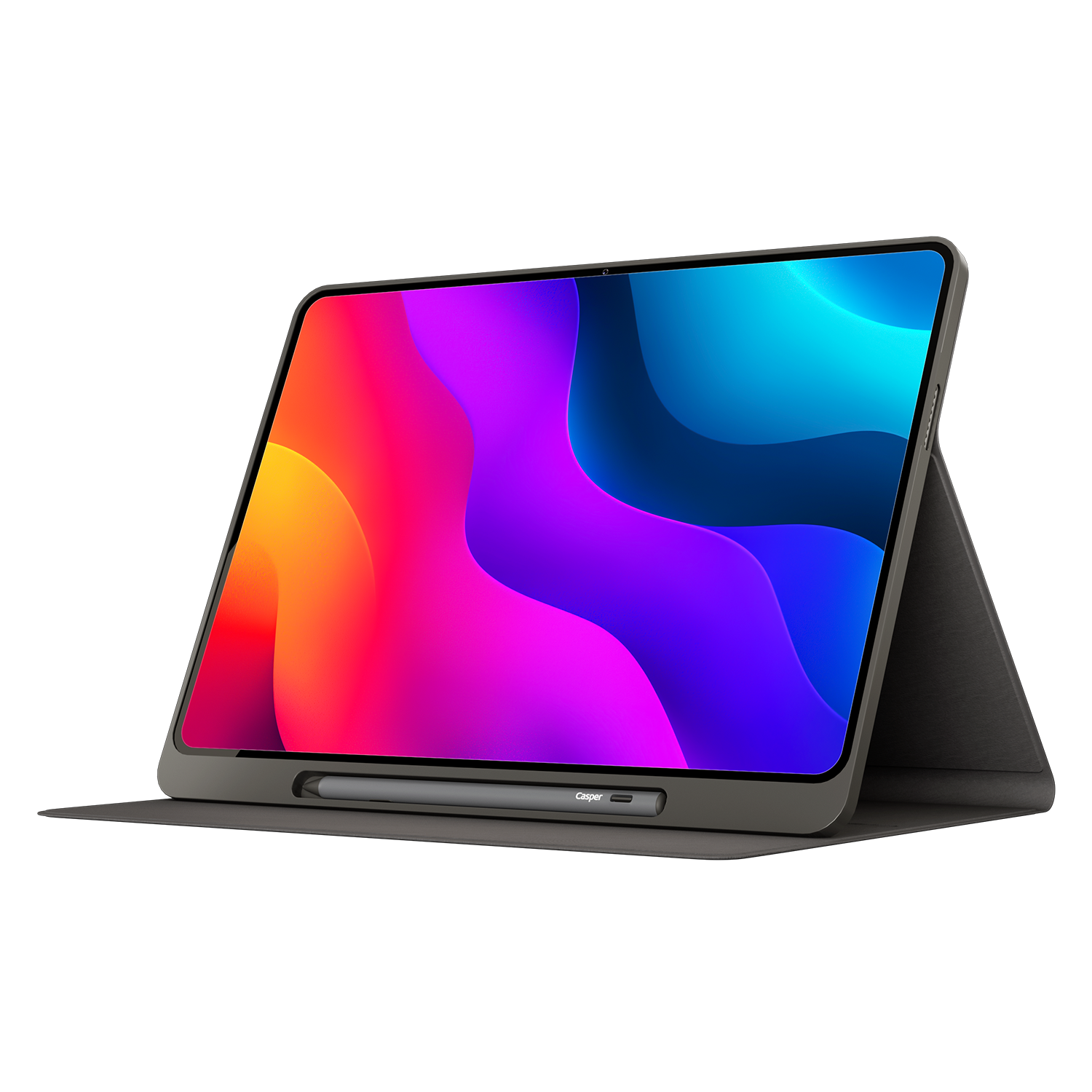 Styluslu tablet bir kılıfın üzerinde duruyor, ekran renkli dalgalar gösteriyor.