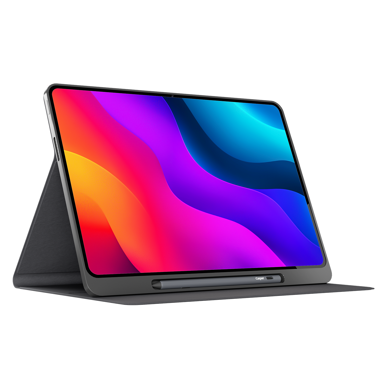 Kalem ve çıkarılabilir kılıflı tablet siyah arka planda duruyor.