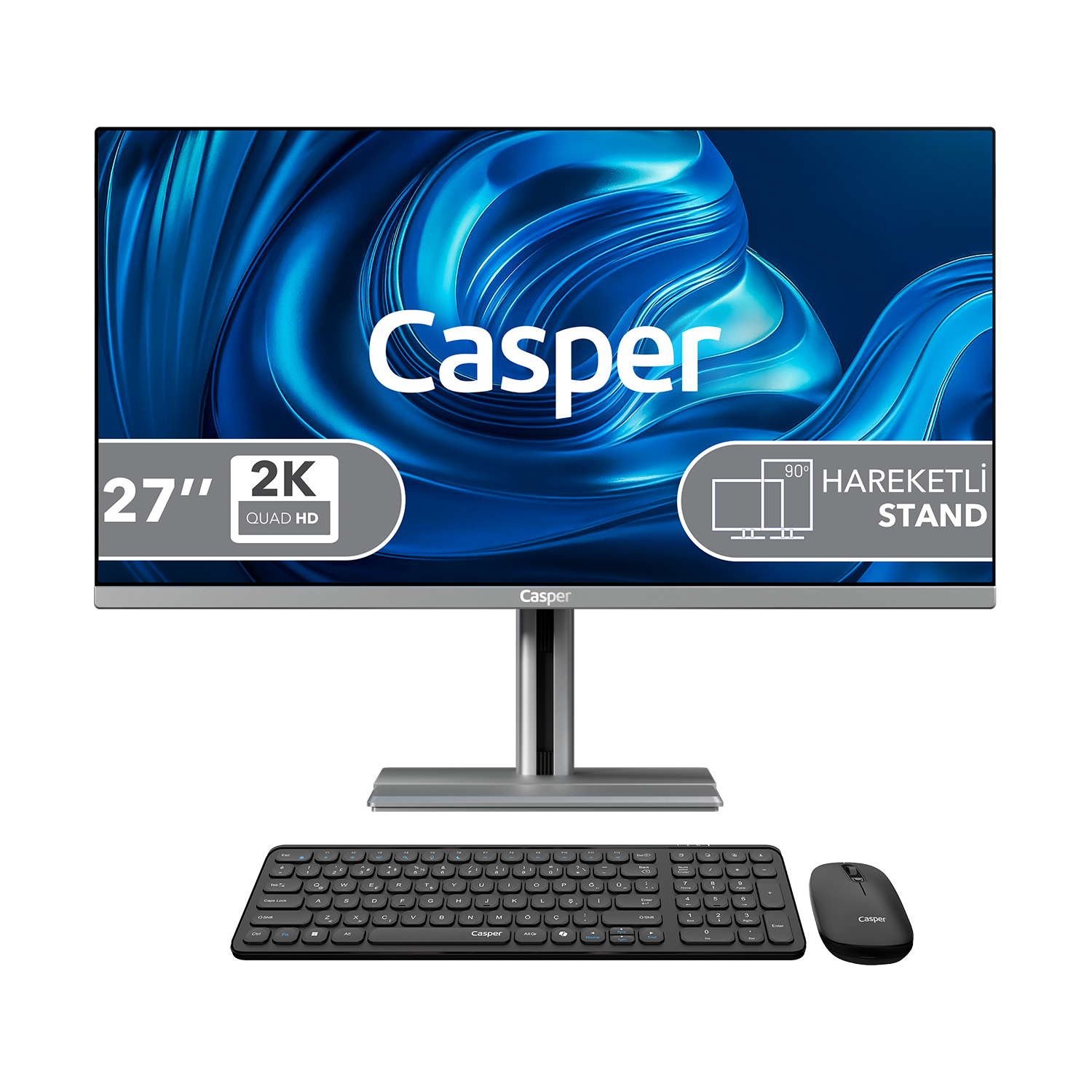27 inç Casper monitör, 2K çözünürlük, klavye ve fare.