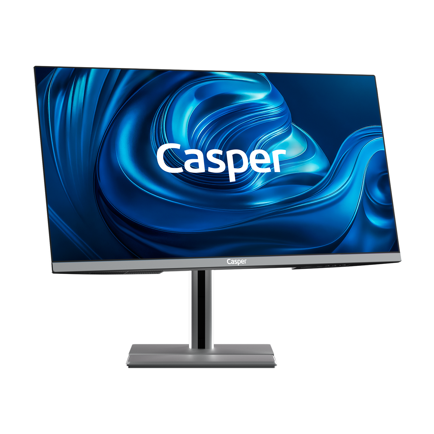 Casper logolu, dinamik mavi arka plana sahip modern gümüş monitör.
