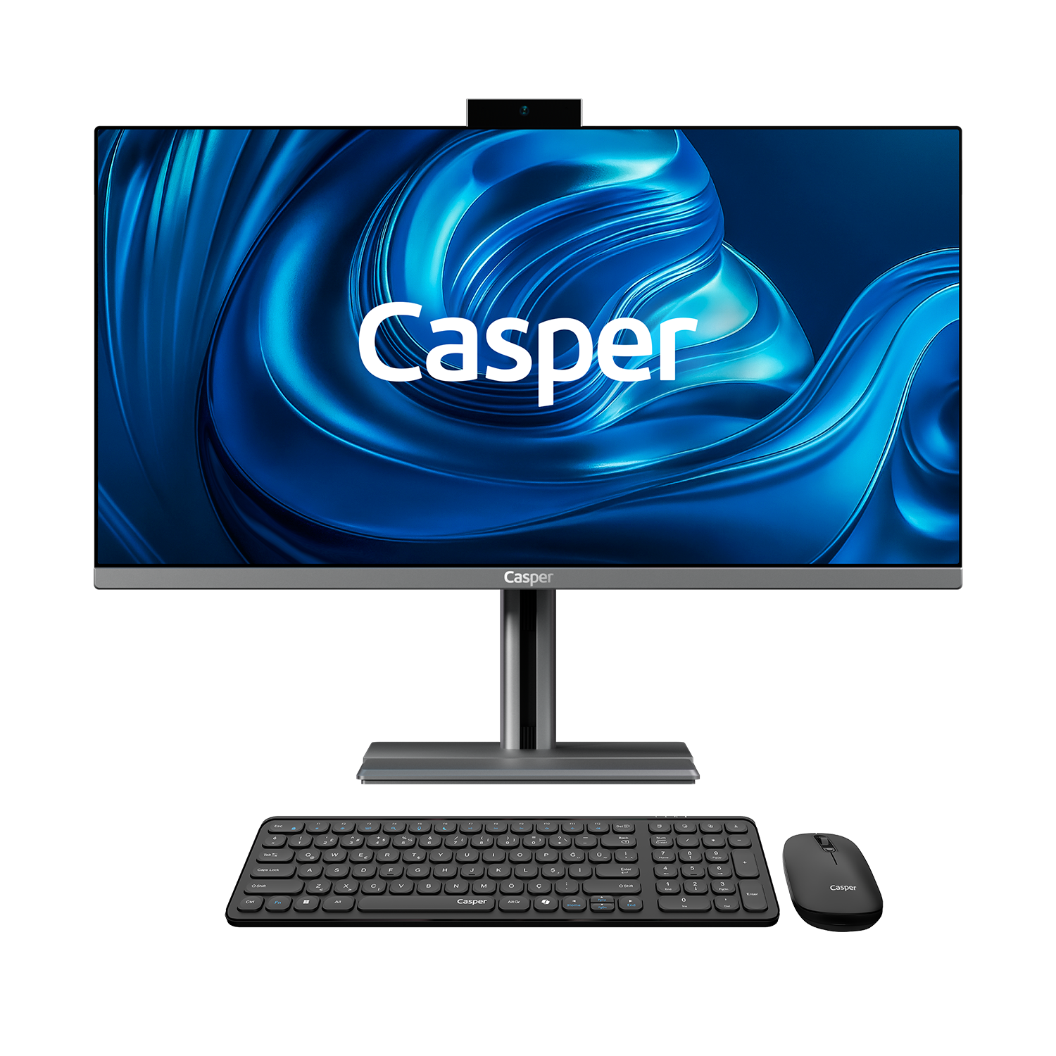 Mavi soyut duvar kağıdı, klavye ve fare içeren Casper hepsi bir arada bilgisayar.