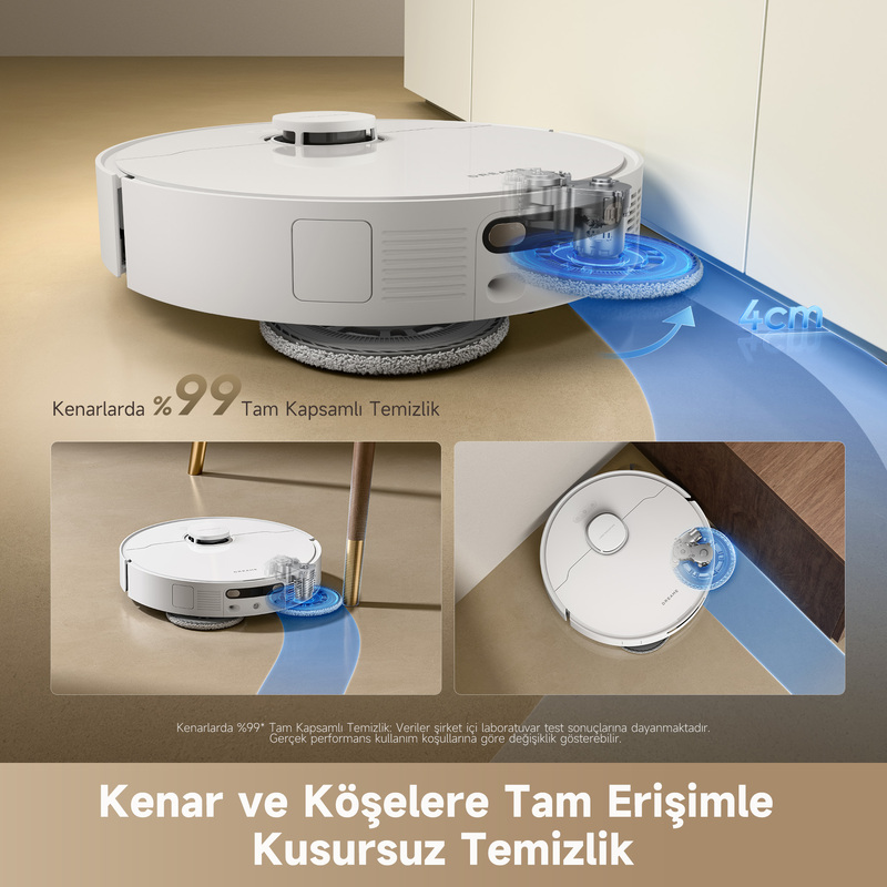 Dönen paspas aparatı olan beyaz robot süpürge, kenarları ve köşeleri temizler.