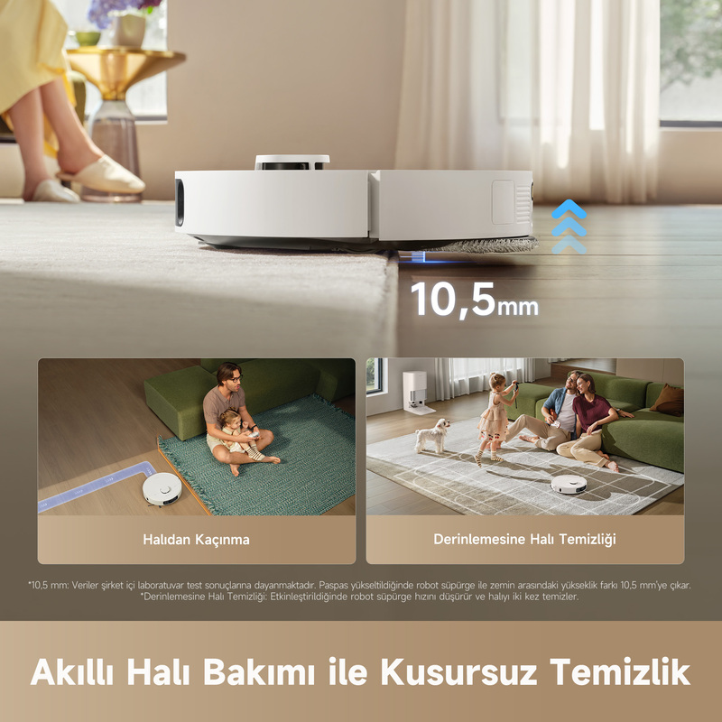 Beyaz robot süpürge halının üzerinden geçerken 10,5 mm yükseliyor.