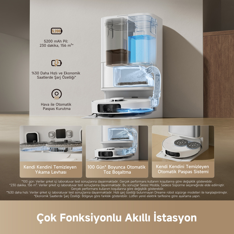 Su depoları, robot süpürge ve şarj fonksiyonlu beyaz temizlik istasyonu.