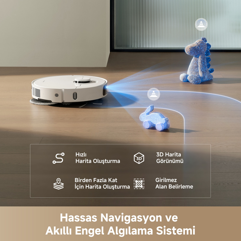 Beyaz bir robot süpürge, oyuncaklar gibi engelleri algılayarak gezinir.