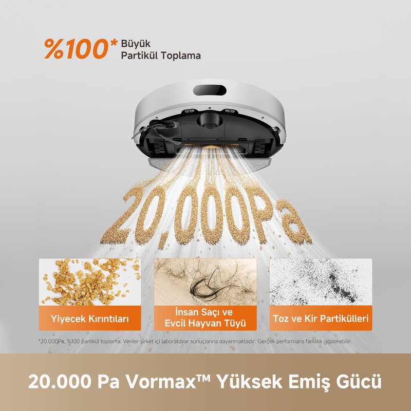 Robot süpürge kırıntı, saç ve tozu toplar. 20.000 Pa emiş gücü.