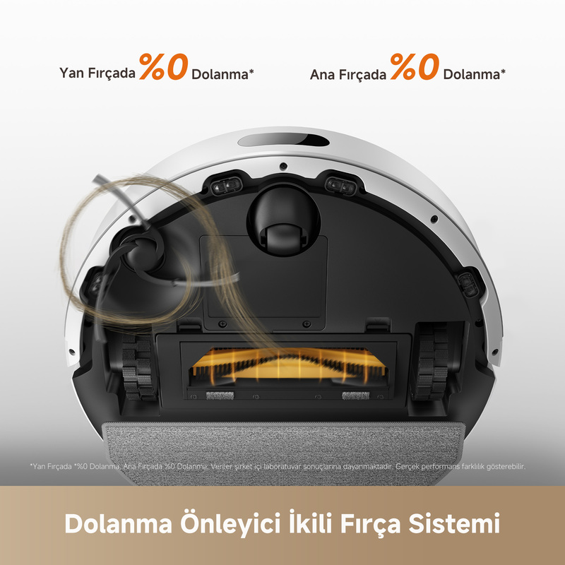 Dönen fırçaları ve tekerlekleri olan bir robot süpürgenin alt görünümü.