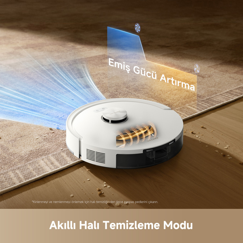 Beyaz robot süpürge halıdaki kiri temizler. Emiş gücü artışı görselleştirilmiştir.