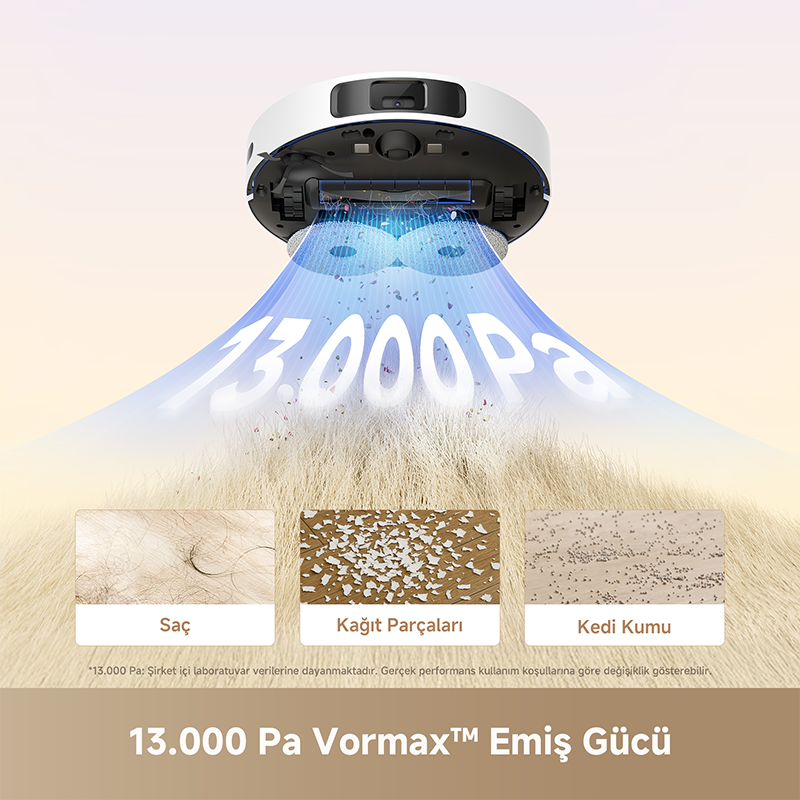 Robot süpürge saç, kağıt ve kedi kumunu 13.000 Pa emiş gücüyle temizler.