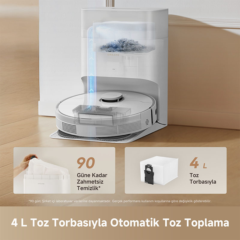 Toz toplayan şarj istasyonlu beyaz robot süpürge.