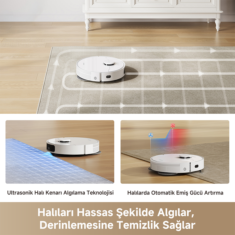 Halıda beyaz robot süpürge. Altta sol: robot halı temizliyor. Altta sağ: robot emiş gücünü artırıyor.