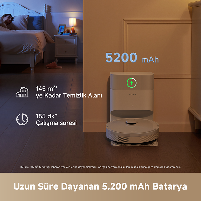Şarj istasyonlu robot süpürge, 5200 mAh batarya, 145 m² temizlik alanı.