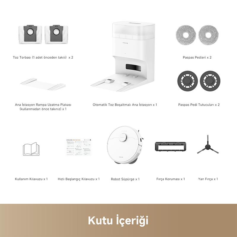 Süpürge robotu aksesuarları genel bakış: toz torbaları, şarj istasyonu, paspas pedleri, kılavuzlar.