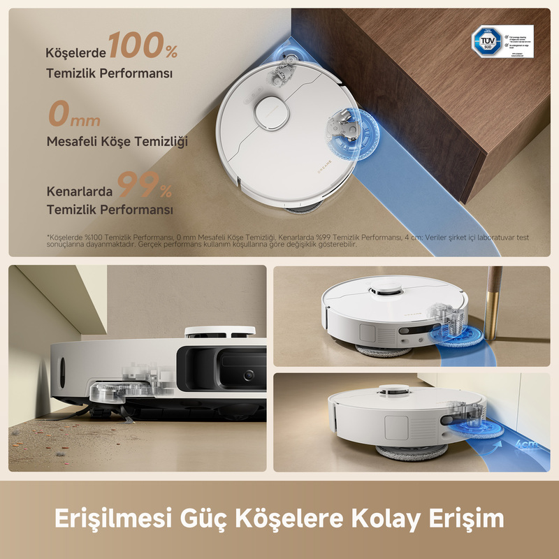 Beyaz robot süpürge %100 performansla köşeleri ve kenarları temizler.