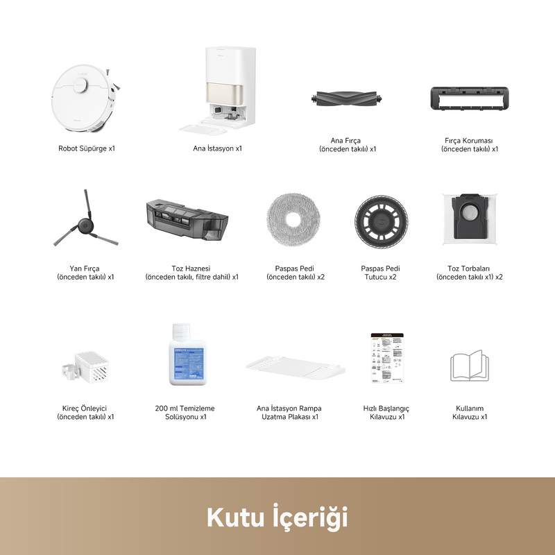 Robot süpürge kutusu içeriği ve aksesuarlarının genel görünümü.
