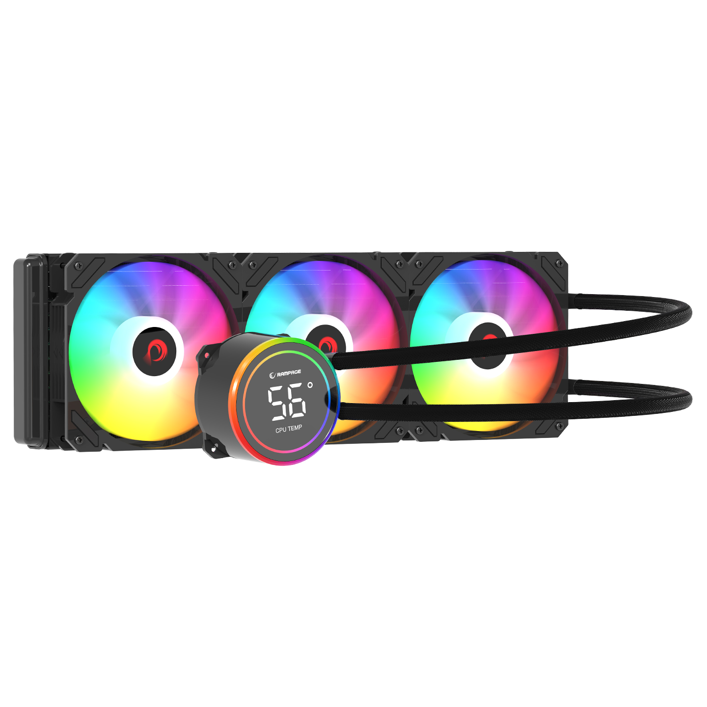 Üç fanlı, RGB aydınlatmalı ve dijital ekranlı bilgisayar CPU soğutucusu.