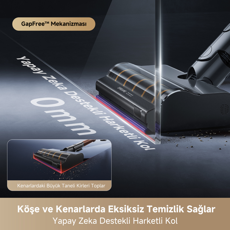 Süpürge başlığı kenar ve köşeleri temizler. Yapay Zeka.