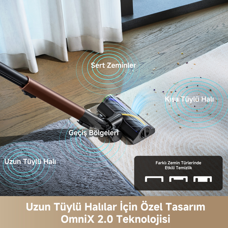 Elektrikli süpürge başlığı halı ve sert zemin gibi çeşitli yüzeyleri temizler.