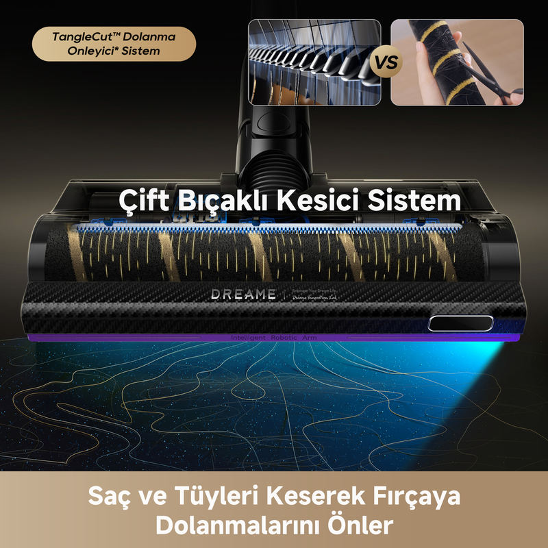 Saç ve lifleri kesen çift bıçaklı vakum süpürge başlığı.