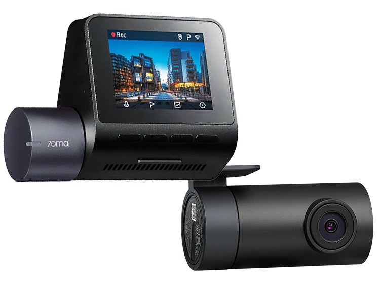 Dwa czarne wideorejestratory, jeden z ekranem, drugi z obiektywem.