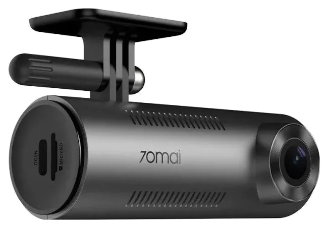Szara kamera samochodowa 70mai z obiektywem i gniazdem MicroSD.