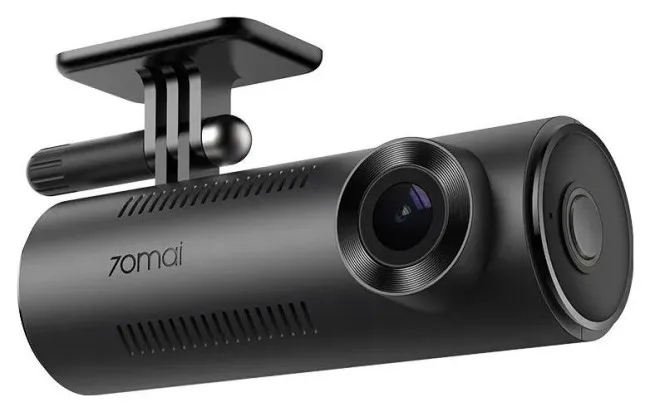 Czarna kamera samochodowa 70mai z obiektywem i mocowaniem.