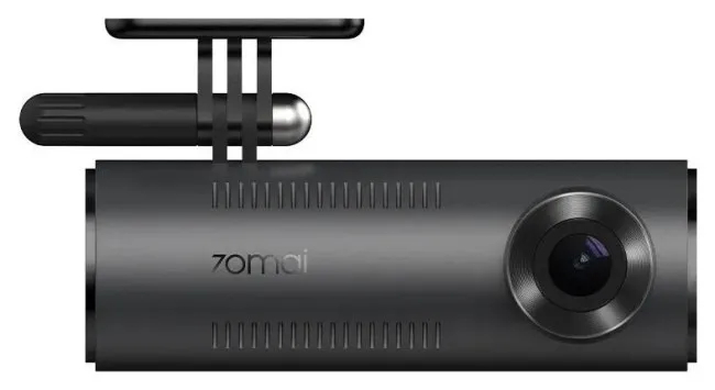 Czarna kamera samochodowa 70mai z obiektywem i mocowaniem.