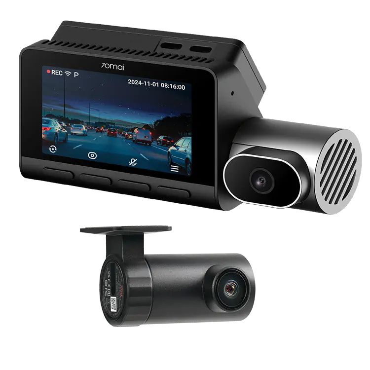 Dwie kamery samochodowe 70mai, jedna z ekranem pokazującym autostradę nocą.