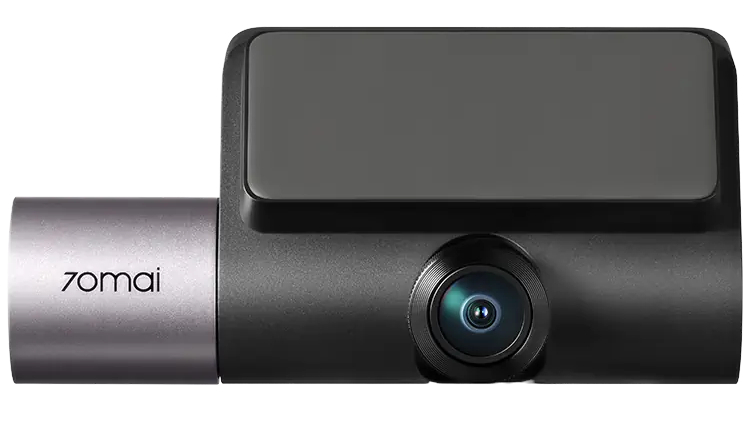 Szara obudowa kamery samochodowej z czarnym obiektywem i ciemnym ekranem.