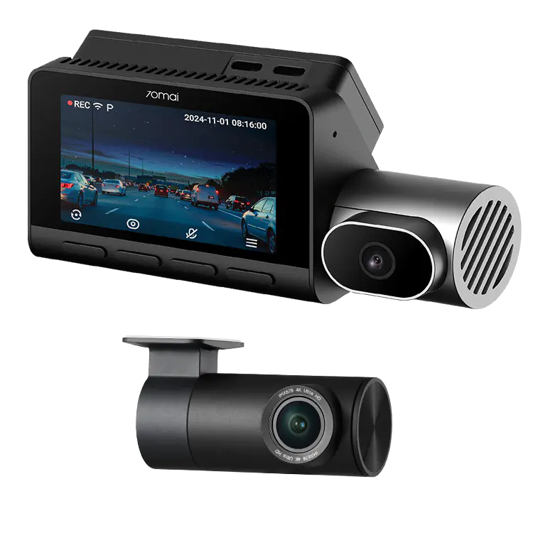 Pokazano dwie czarne kamery samochodowe. Jedna ma ekran wyświetlający nocną autostradę.